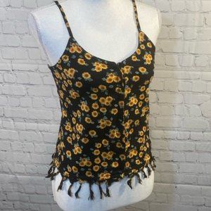 O'NEILL Cami Top w Tassel Hem Black w Sunflower Print-Small